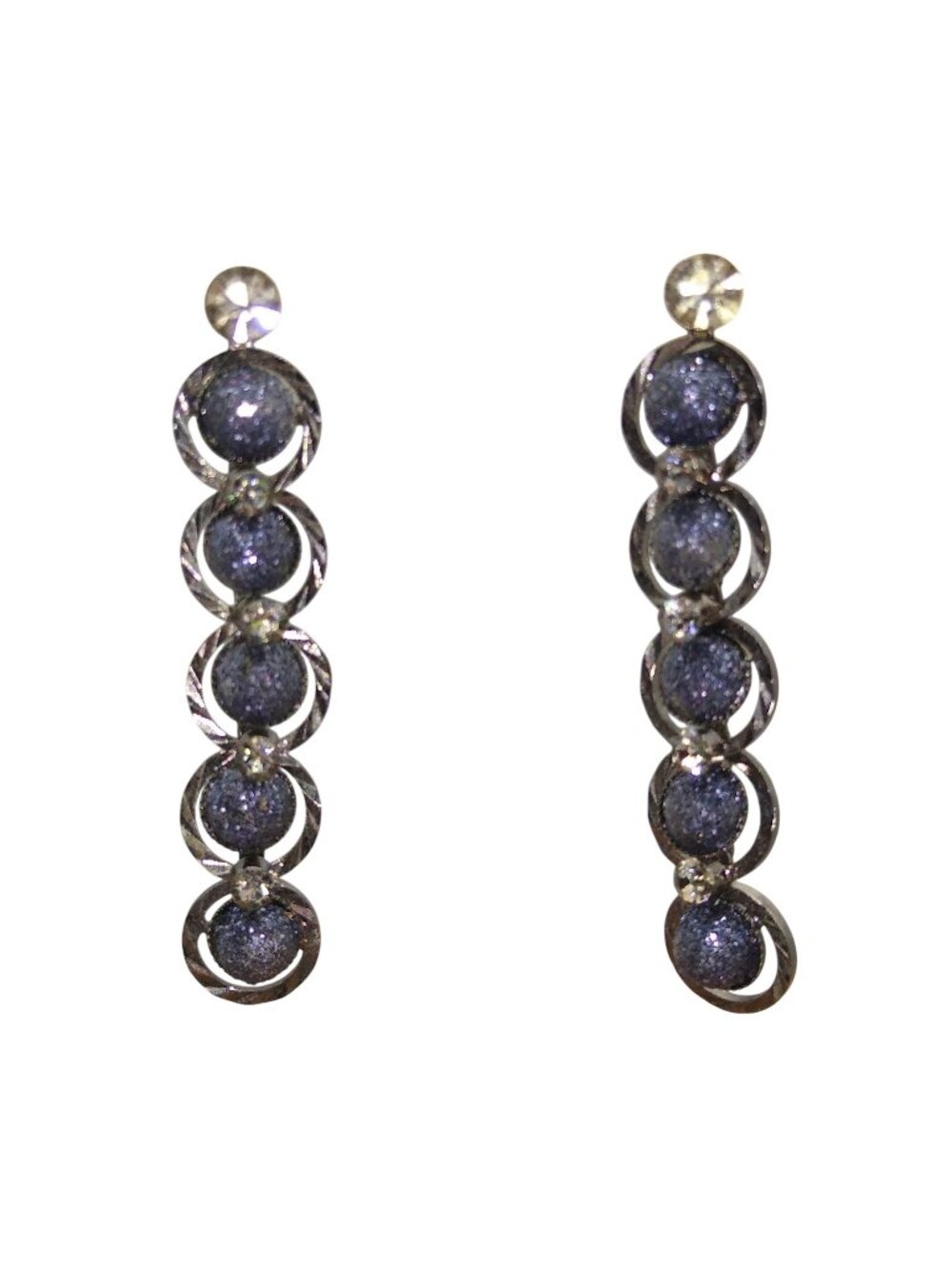 Vintage Whimsigoth Gunmetal Sparkle Earrings, Linked Rings Drop 5 Beads Long